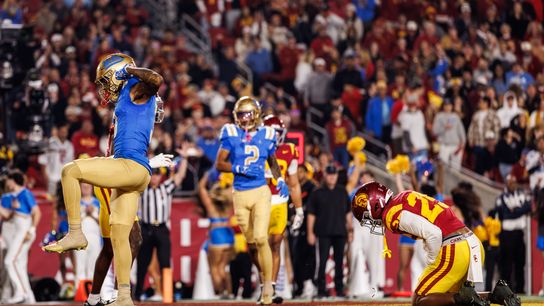 UCLA Bruins wide receiver Kwazi Gilmer (3) celebrates a touchdown during a NCAAF game against the Southern California Trojans on November 29, 2025 in Los Angeles, CA.