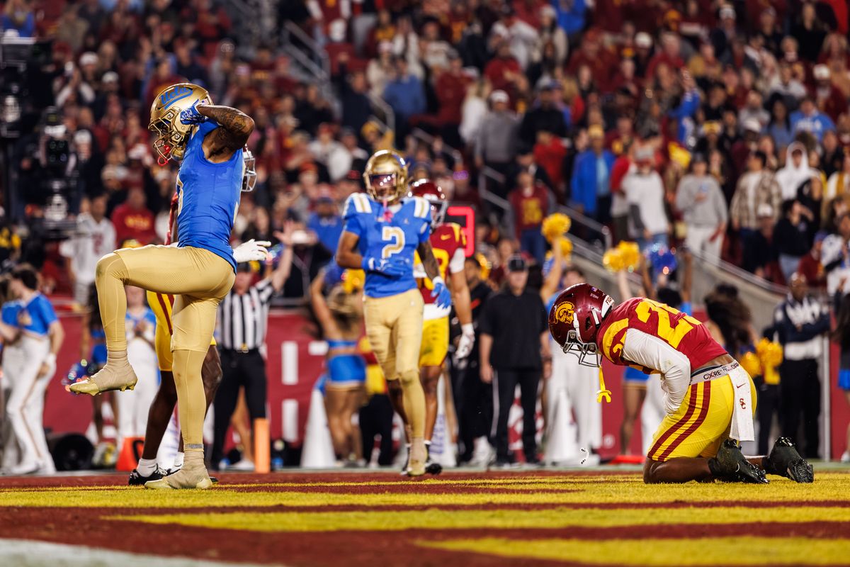 UCLA Bruins wide receiver Kwazi Gilmer (3) celebrates a touchdown during a NCAAF game against the Southern California Trojans on November 29, 2025 in Los Angeles, CA.