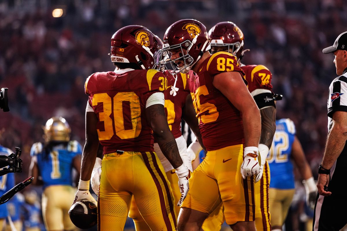 Southern California Trojans running back King Miller (30) celebrates his touchdown during a NCAAF game against the UCLA Bruins on November 29, 2025 in Los Angeles, CA.