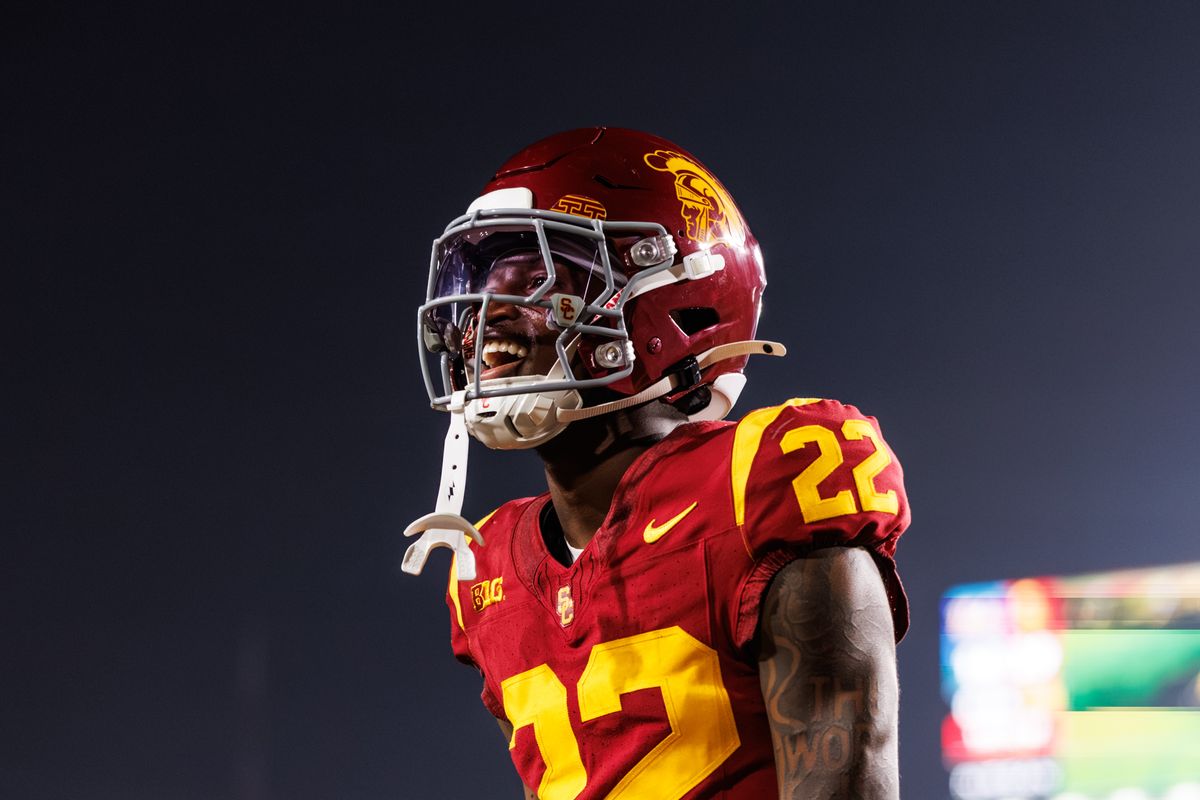 Southern California Trojans cornerback Braylon Conley (22) celebrates after win during a NCAAF game against the UCLA Bruins on November 29, 2025 in Los Angeles, CA.