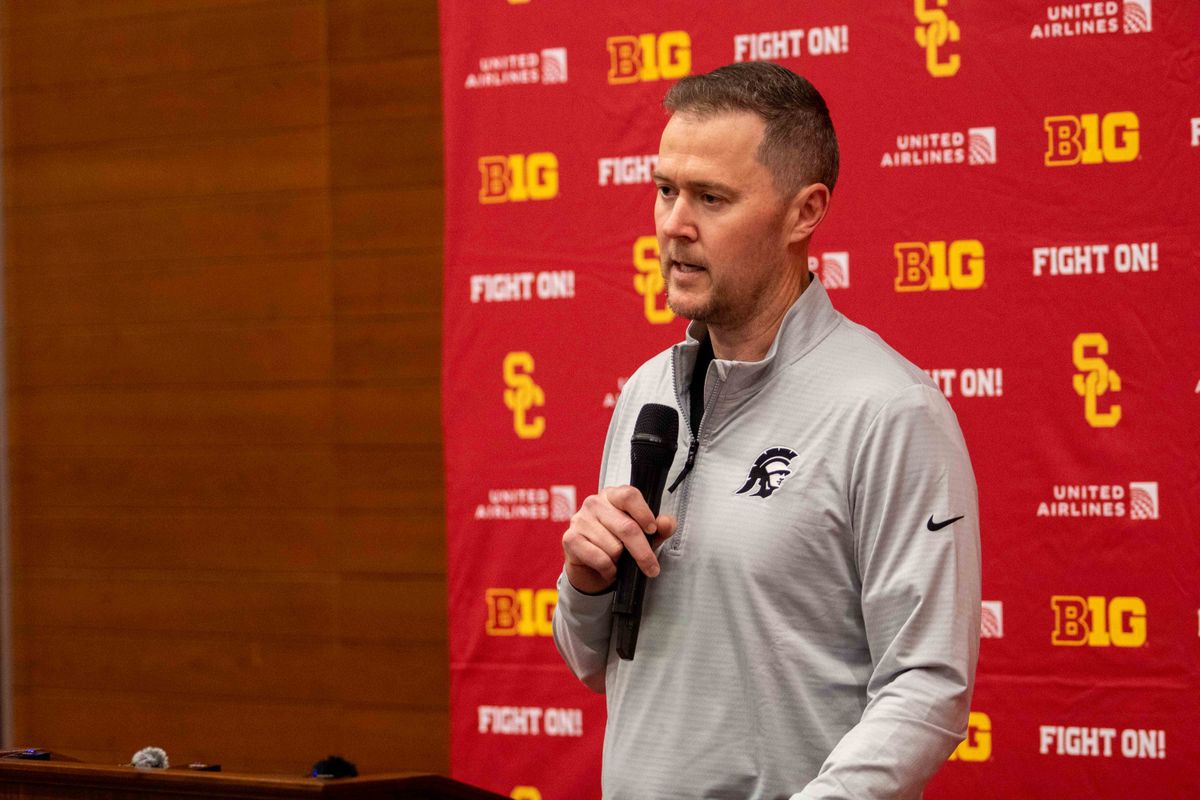 USC football head coach Lincoln Riley introduces new defensive coordinator Gary Patterson during a press conference at the John McKay Center Wednesday, January 28, 2026 in Los Angeles, Calif. 