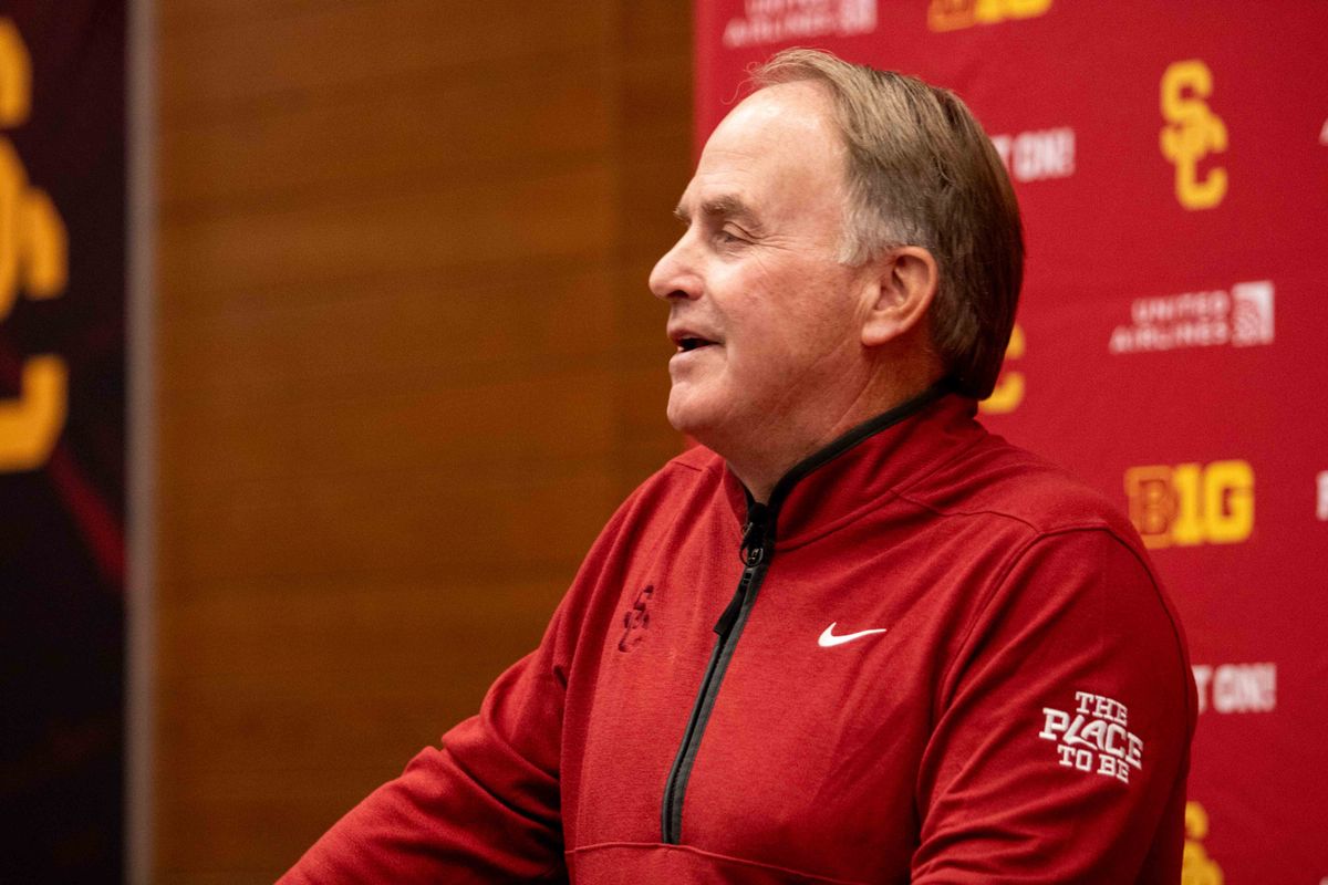 New USC football defensive coordinator Gary Patterson speaks during a press conference at the John McKay Center Wednesday, January 28, 2026 in Los Angeles, Calif. 