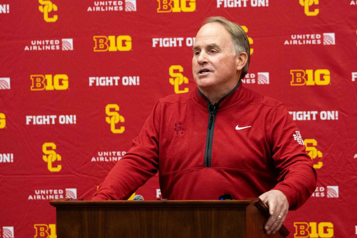 New USC football defensive coordinator Gary Patterson addresses the media during a press conference at the John McKay Center Wednesday, January 28, 2026 in Los Angeles, Calif.