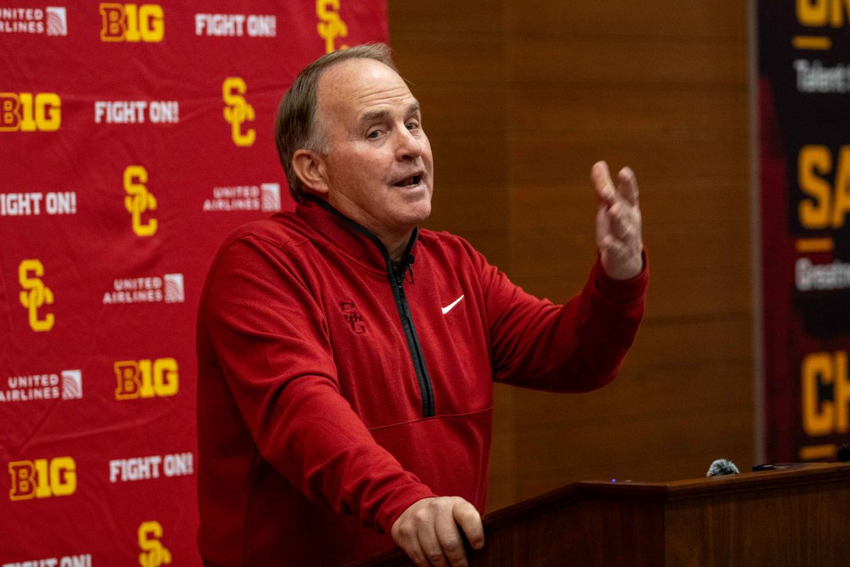 New USC defensive coordinator Gary Patterson gestures during a press conference at the John McKay Center Wednesday, January 28, 2026 in Los Angeles, Calif. 