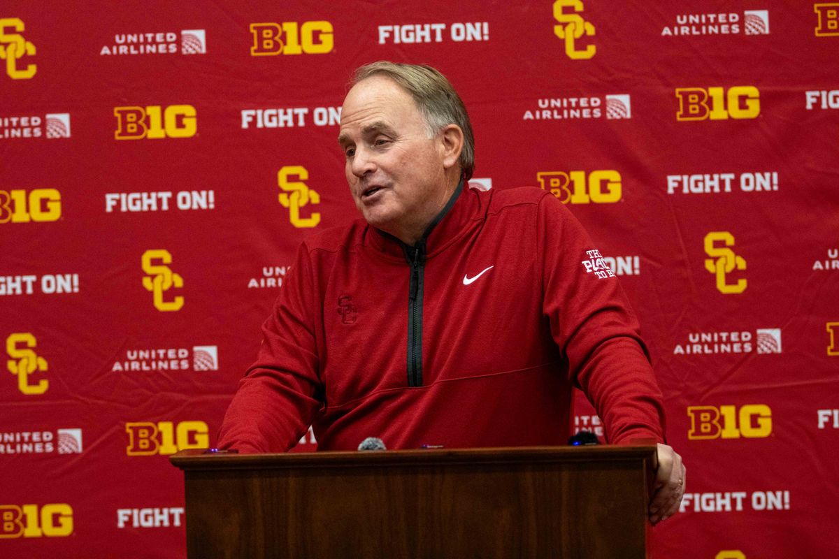 New USC defensive coordinator Gary Patterson answers a question during a press conference at the John McKay Center Wednesday, January 28, 2026 in Los Angeles, Calif. 