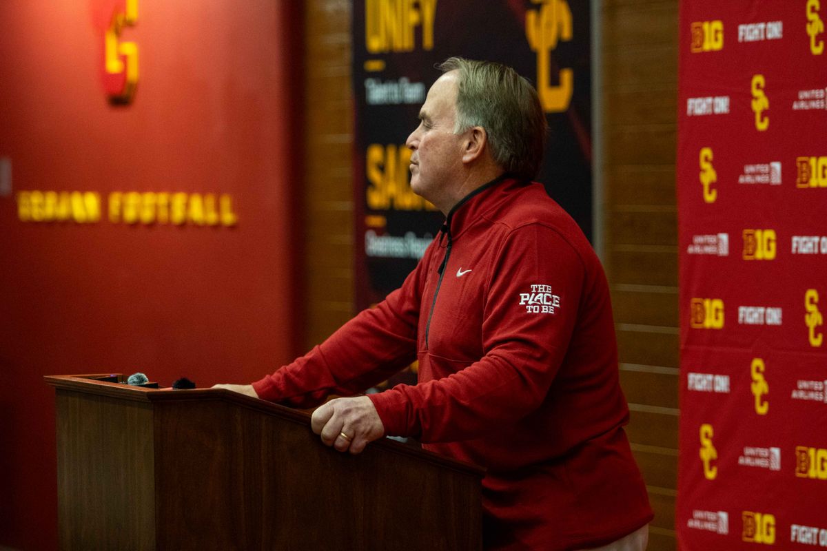 New USC defensive coordinator Gary Patterson replies to a media member during a press conference at the John McKay Center Wednesday, January 28, 2026 in Los Angeles, Calif. 