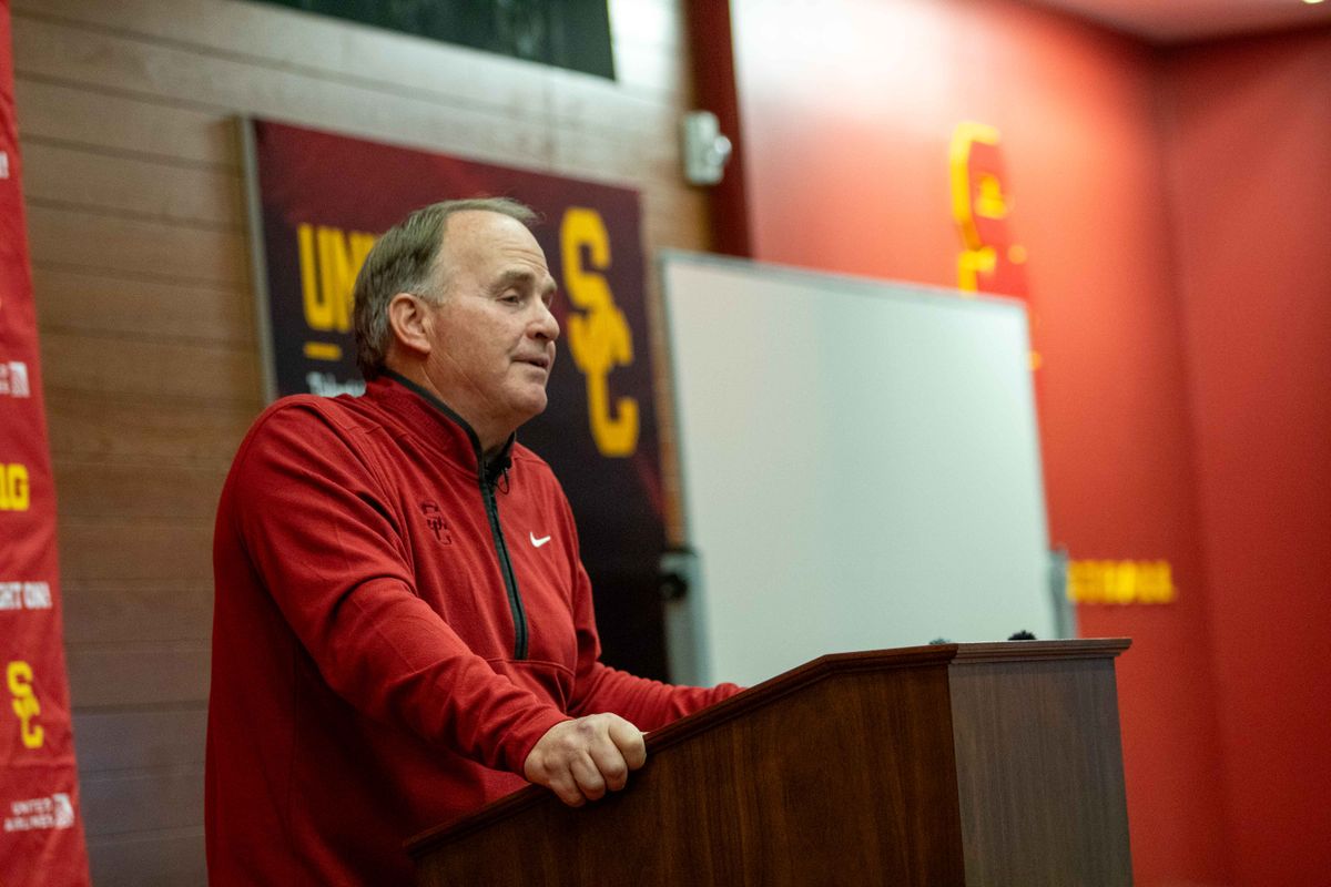 New USC football defensive coordinator Gary Patterson at the podium during a press conference at the John McKay Center Wednesday, January 28, 2025 in Los Angeles, Calif. 