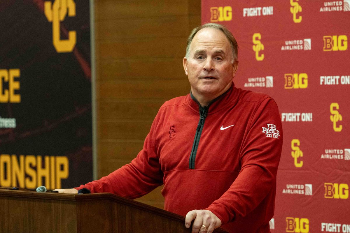 New USC football defensive coordinator Gary Patterson replies to a question during a press conference at the John McKay Center Wednesday, January 28, 2025 in Los Angeles, Calif. 