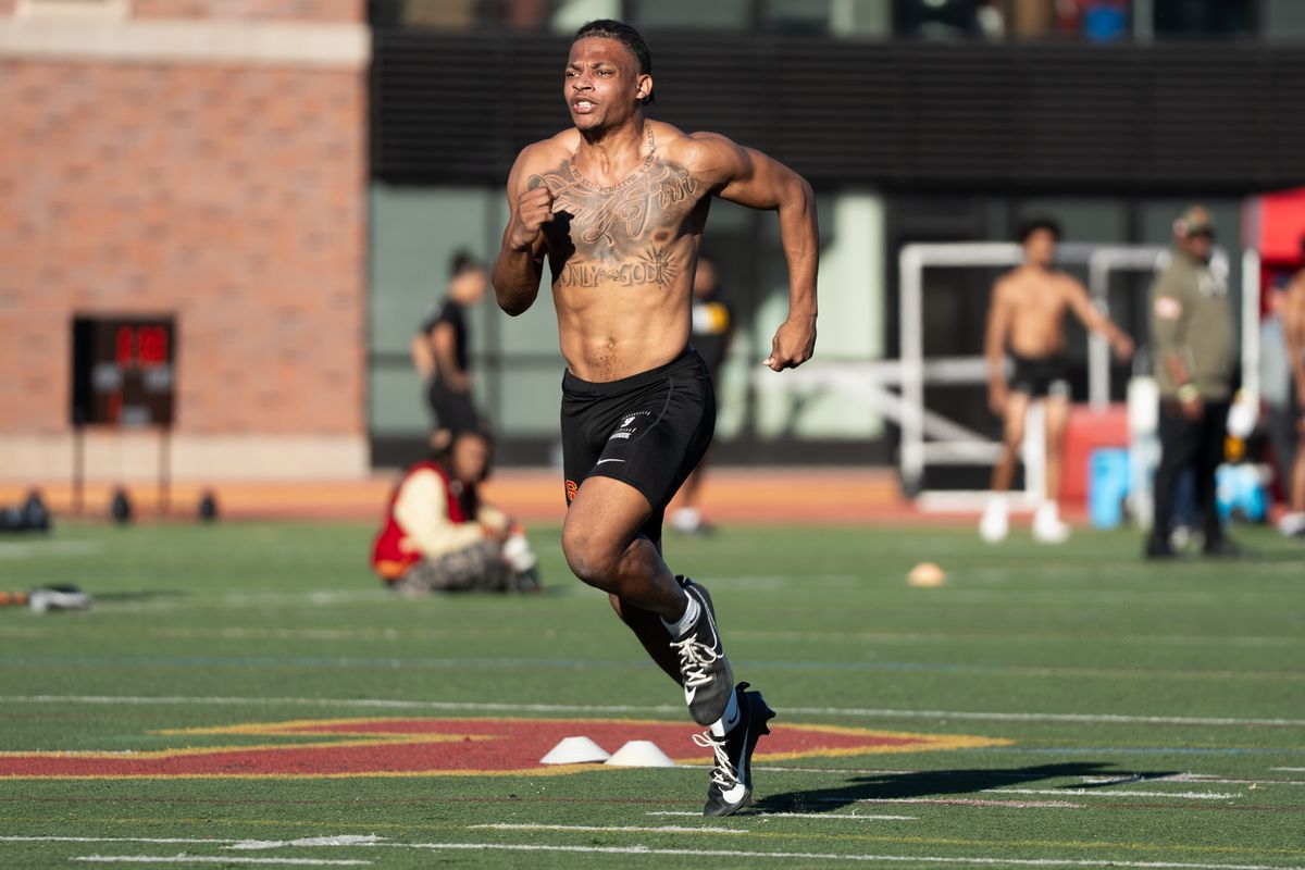 USC Trojans WR Jay Fair ran his 40 yard dash in front of NFL scouts during USC’s Pro Day on Thursday, March 12, 2026 in Los Angeles, Calif.