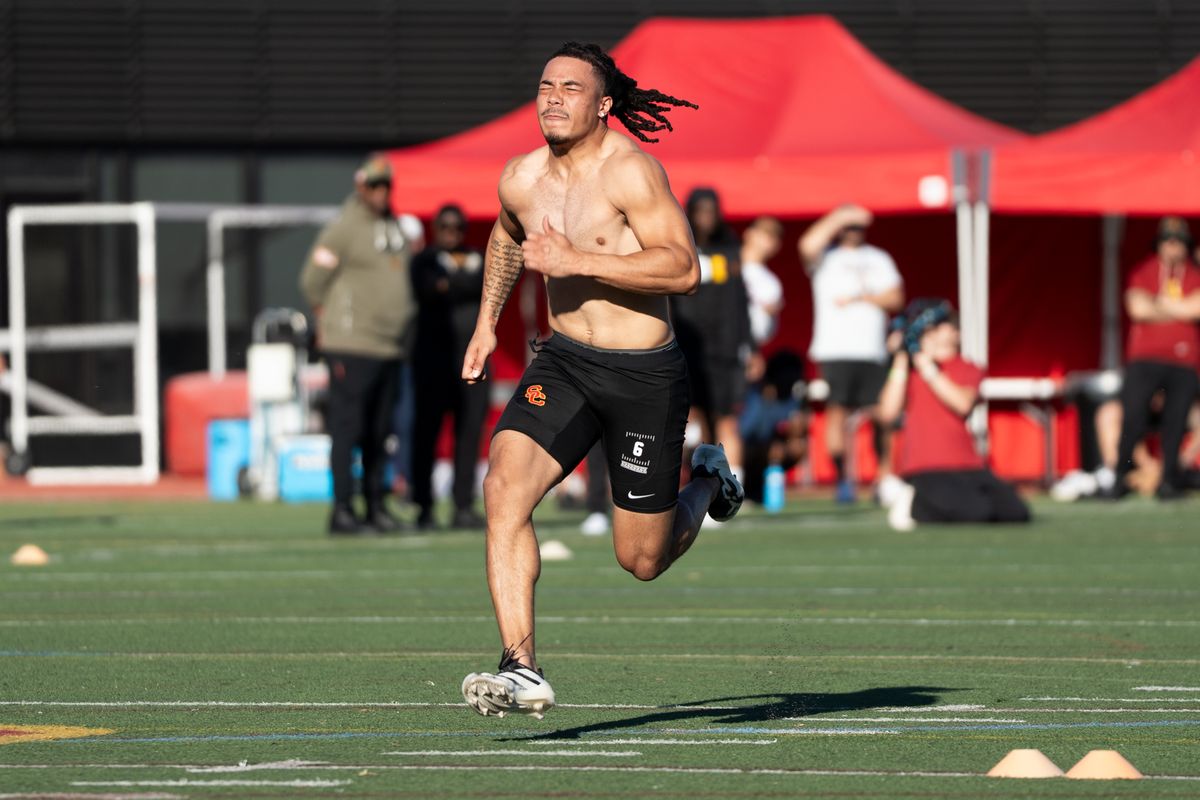 USC Trojans WR Makai Lemon ran a 40 yard dash in front of NFL scouts during USC’s Pro Day on Thursday, March 12, 2026 in Los Angeles, Calif.