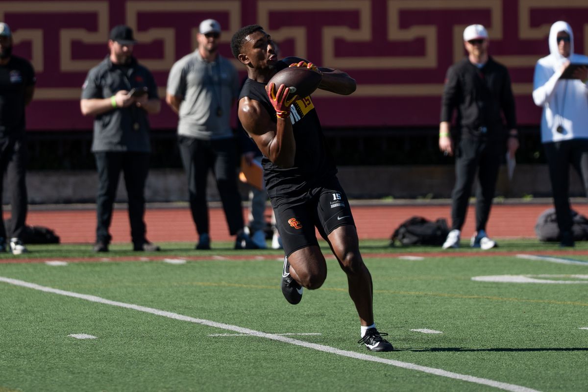 USC Trojans WR Jaden Richardson catches a pass during WR drills in front of NFL scouts during USC’s Pro Day on Thursday, March 12, 2026 in Los Angeles, Calif.