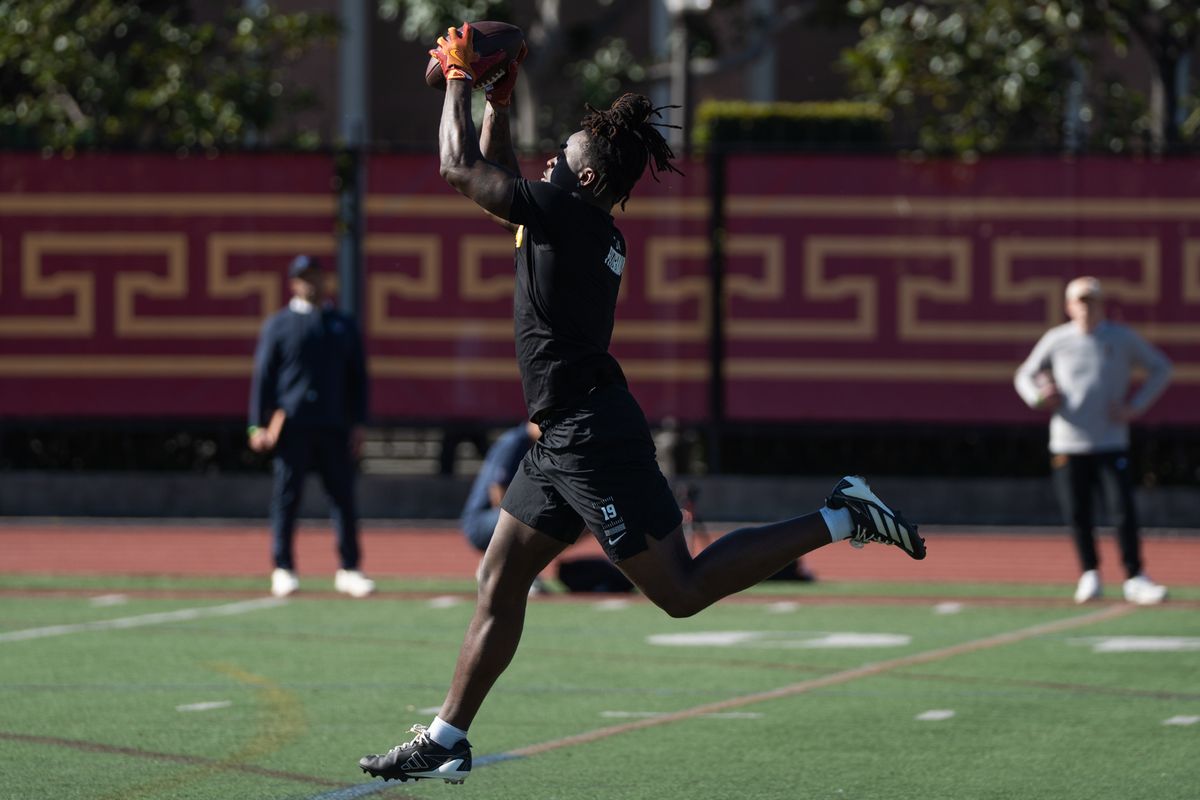 USC Trojans S Bishop Fitzgerald catches a pass during defensive drills in front of NFL scouts during USC’s Pro Day on Thursday, March 12, 2026 in Los Angeles, Calif.