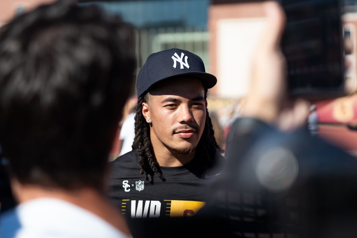 USC Trojans WR Makai Lemon is getting interviewed during USC’s Pro Day on Thursday, March 12, 2026 in Los Angeles, Calif.