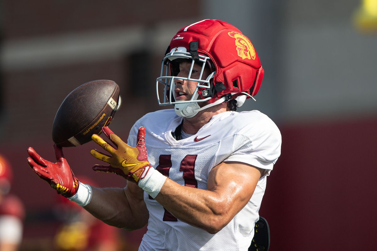 USC linebacker Ryan O'Connell (41) catches a pass during practice at Howard Jones Field, Tuesday, Aug. 11, 2026, in Los Angeles.