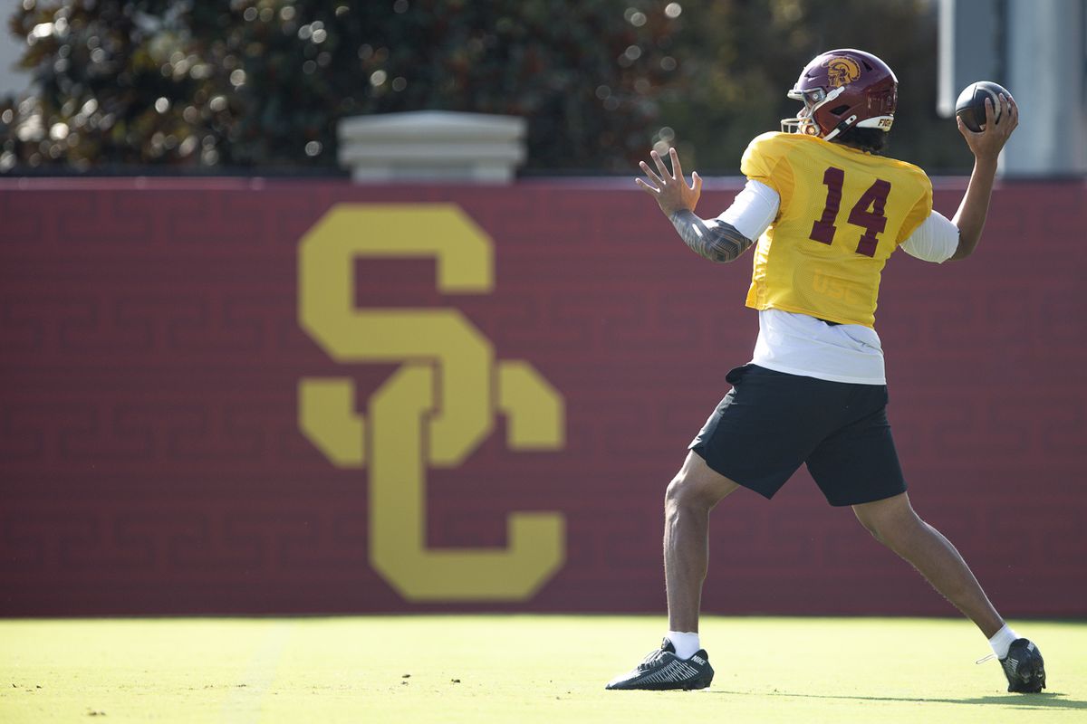 USC quarterback Jayden Maiava (14) throws during practice at Howard Jones Field, Tuesday, Aug. 11, 2026, in Los Angeles.