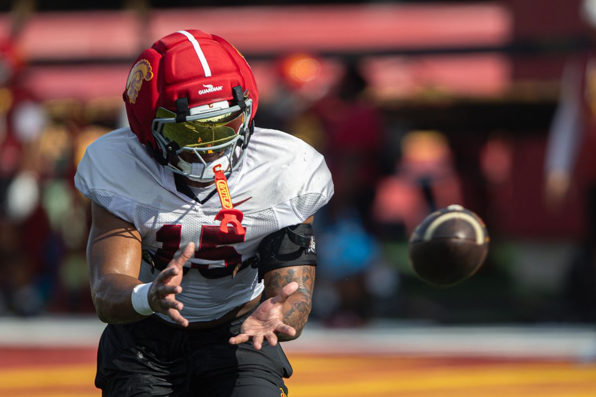 USC linebacker Jadyn Walker (15) catches a pass during practice at Howard Jones Field, Tuesday, Aug. 11, 2026, in Los Angeles.