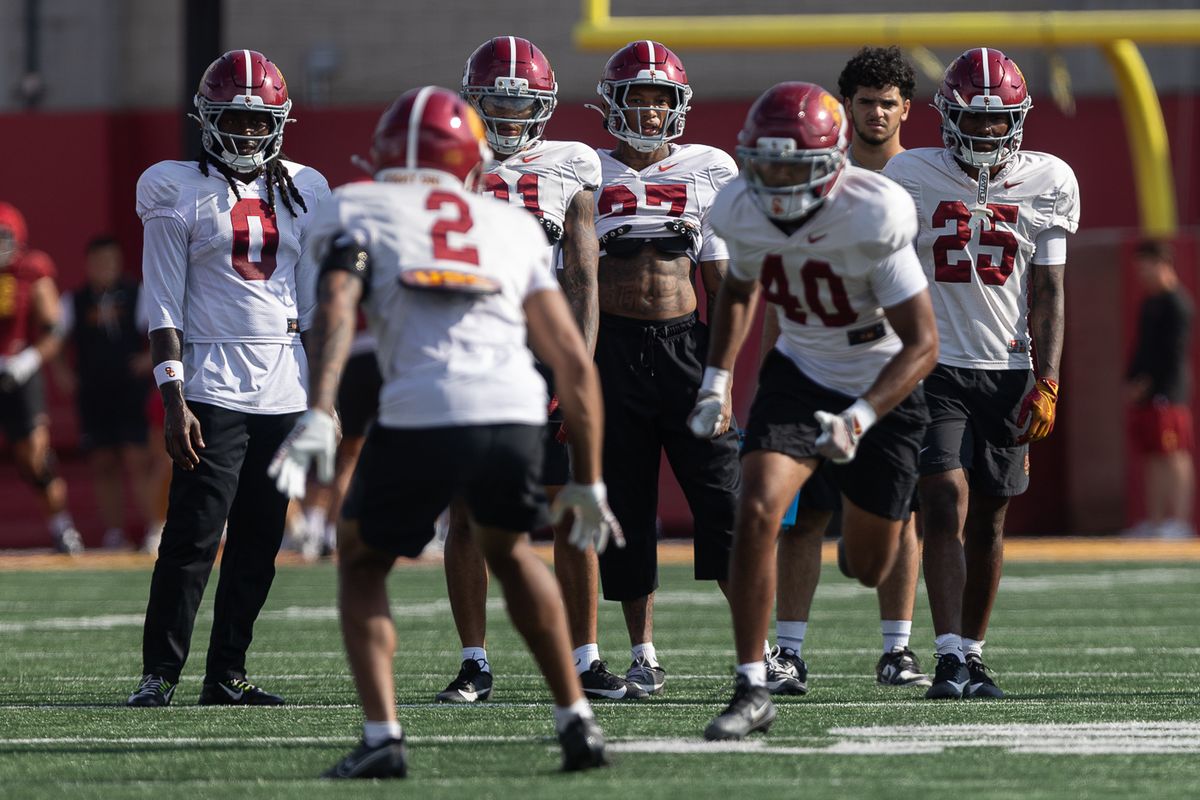 USC players participate in drills during practice at Howard Jones Field, Tuesday, Aug. 11, 2026, in Los Angeles.