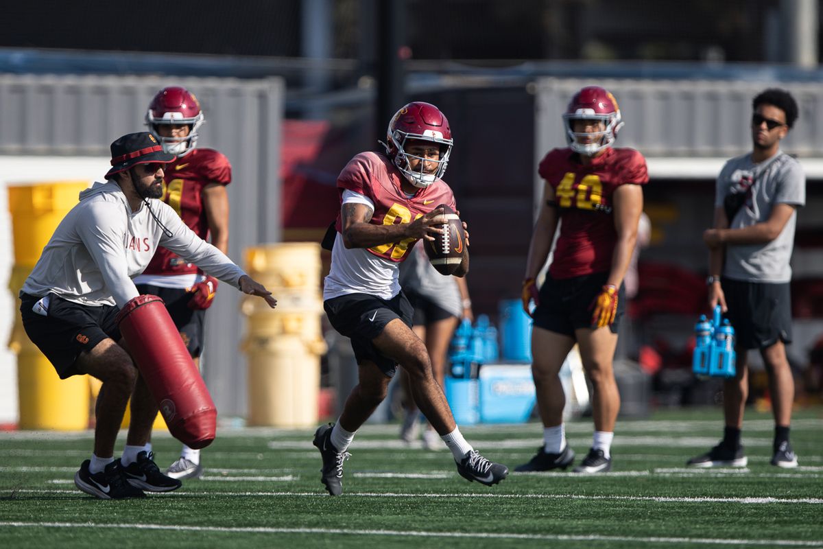 USC wide receiver Cameron Sermons (81) catches a pass during drills at Howard Jones Field, Tuesday, Aug. 11, 2026, in Los Angeles.