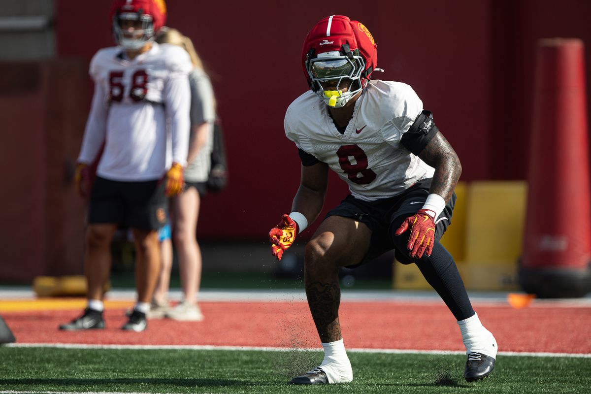 USC linebacker Desman Stephens II (8) participates in drills during practice at Howard Jones Field, Tuesday, Aug. 11, 2026, in Los Angeles.