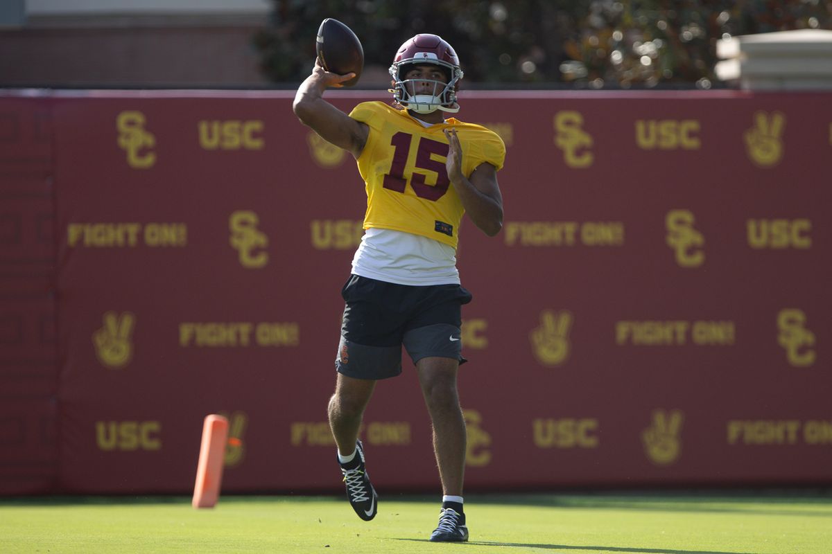 USC quarterback Jonas Williams (15) throws during practice at Howard Jones Field, Tuesday, Aug. 11, 2026, in Los Angeles.