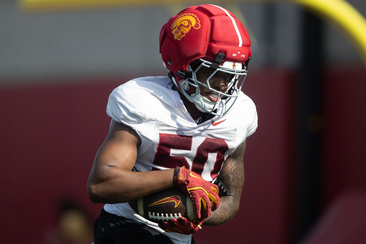 USC linebacker Taylor “Taybo” Johnson (50) carries the ball during practice at Howard Jones Field, Tuesday, Aug. 11, 2026, in Los Angeles.