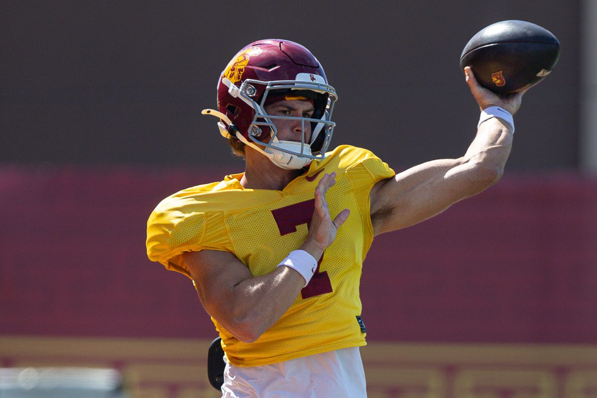 USC quarterback Sam Huard (7) warms up during practice at Howard Jones Field, Tuesday, Aug. 18, 2026, in Los Angeles. USC quarterback Sam Huard (7) warms up during practice at Howard Jones Field, Tuesday, Aug. 18, 2026, in Los Angeles.