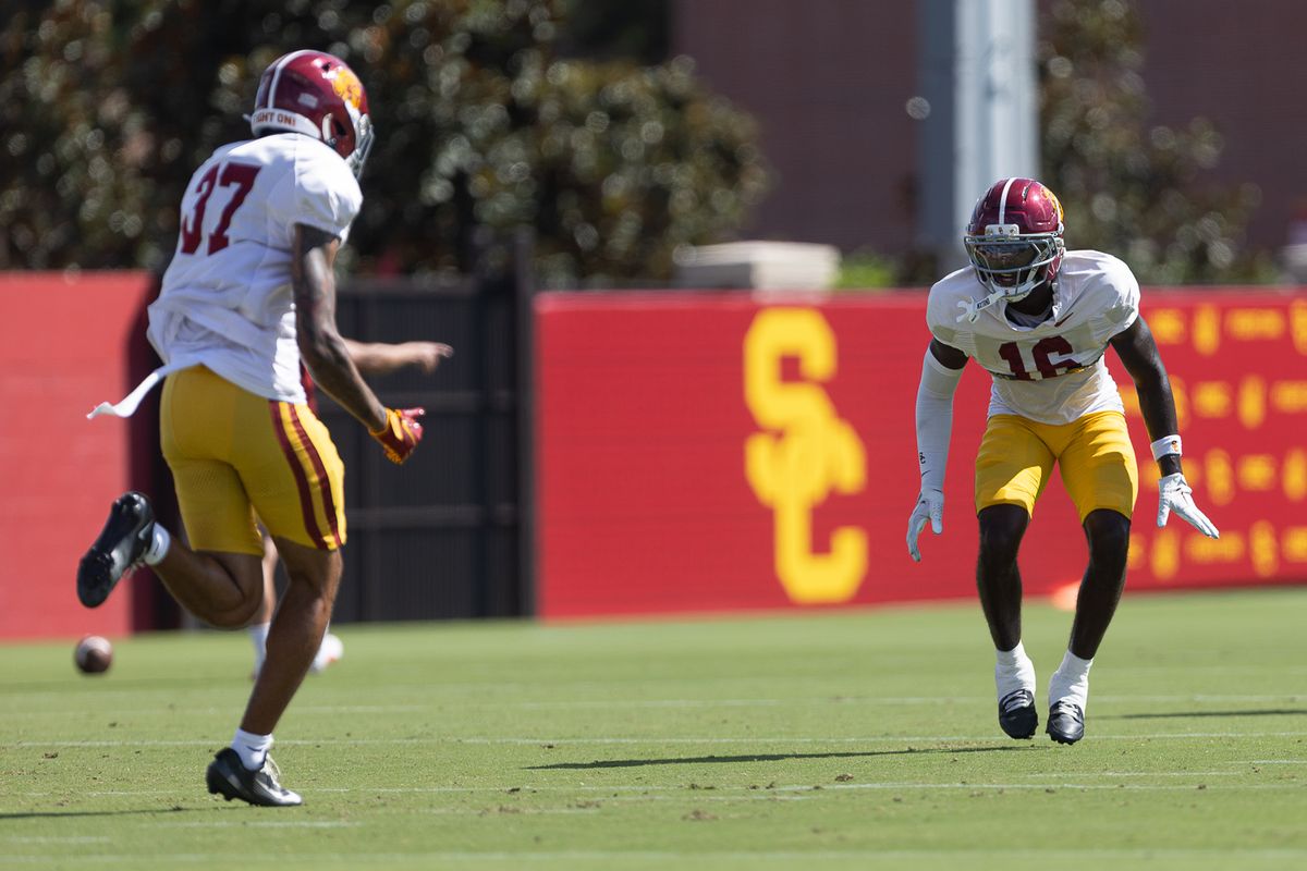 USC cornerback Prophet Brown (16) participates in drills during practice at Howard Jones Field, Tuesday, Aug. 18, 2026, in Los Angeles. USC cornerback Prophet Brown (16) participates in drills during practice at Howard Jones Field, Tuesday, Aug. 18, 2026, in Los Angeles.