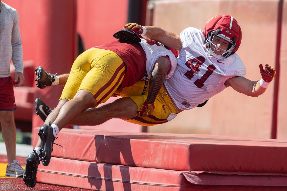 USC linebacker Ryan O'Connell (41) takes a hit during a drill at practice at Howard Jones Field, Tuesday, Aug. 18, 2026, in Los Angeles. USC linebacker Ryan O'Connell (41) takes a hit during a drill at practice at Howard Jones Field, Tuesday, Aug. 18, 2026, in Los Angeles.