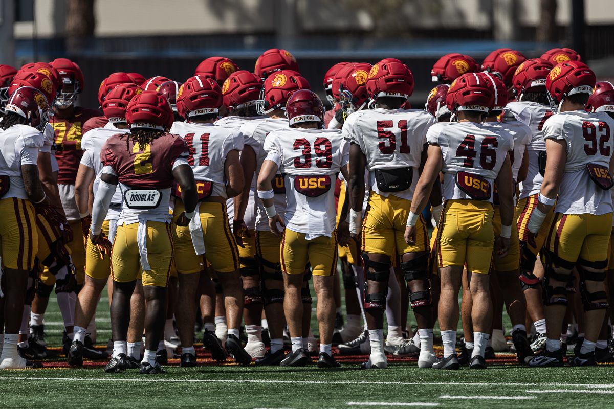 USC football players gather for a huddle during practice at Howard Jones Field, Tuesday, Aug. 18, 2026, in Los Angeles. USC football players gather for a huddle during practice at Howard Jones Field, Tuesday, Aug. 18, 2026, in Los Angeles.