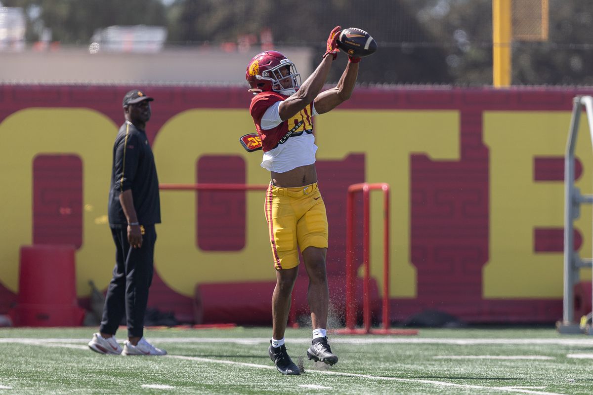 USC wide receiver Luc Weaver (80) participates in receiving drills during practice at Howard Jones Field, Tuesday, Aug. 18, 2026, in Los Angeles. USC wide receiver Luc Weaver (80) participates in receiving drills during practice at Howard Jones Field, Tuesday, Aug. 18, 2026, in Los Angeles.
