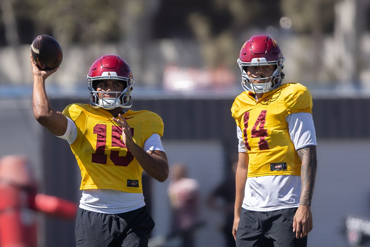 USC quarterbacks Jayden Maiava (14) and Jonas Williams (15) during practice at Howard Jones Field, Wednesday, Aug. 19, 2026, in Los Angeles. USC quarterbacks Jayden Maiava (14) and Jonas Williams (15) during practice at Howard Jones Field, Wednesday, Aug. 19, 2026, in Los Angeles.