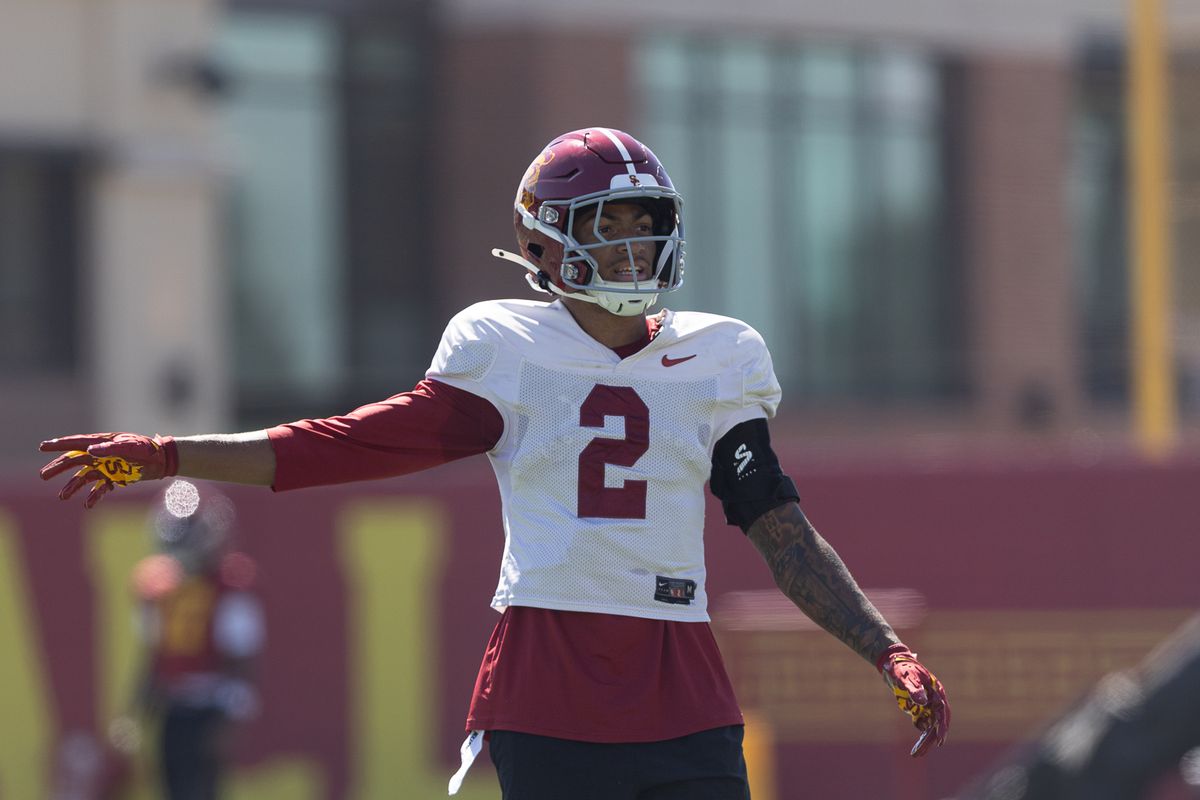 USC cornerback Elbert “Rock” Hill IV (2) during practice at Howard Jones Field, Wednesday, Aug. 19, 2026, in Los Angeles. USC cornerback Elbert “Rock” Hill IV (2) during practice at Howard Jones Field, Wednesday, Aug. 19, 2026, in Los Angeles.