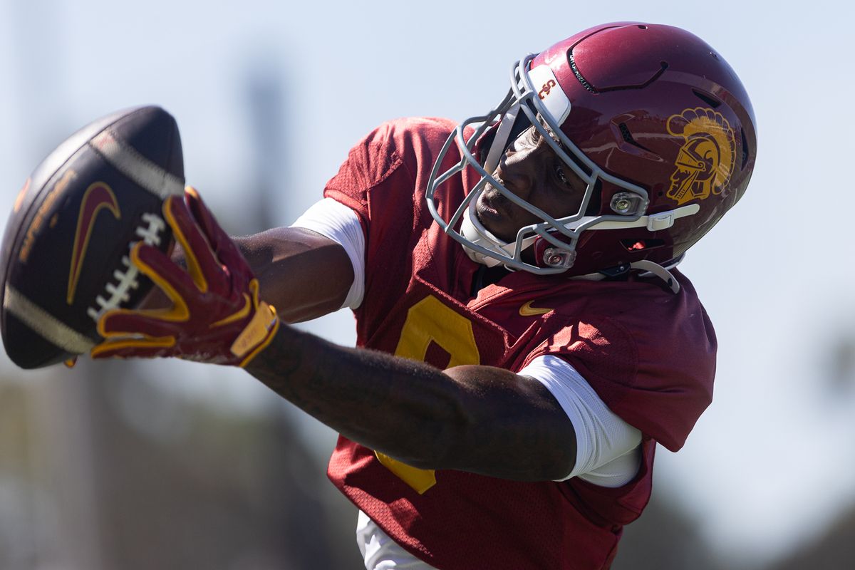 USC wide receiver Terrell Anderson (9) reaches for a pass during practice at Howard Jones Field, Wednesday, Aug. 19, 2026, in Los Angeles. USC wide receiver Terrell Anderson (9) reaches for a pass during practice at Howard Jones Field, Wednesday, Aug. 19, 2026, in Los Angeles.