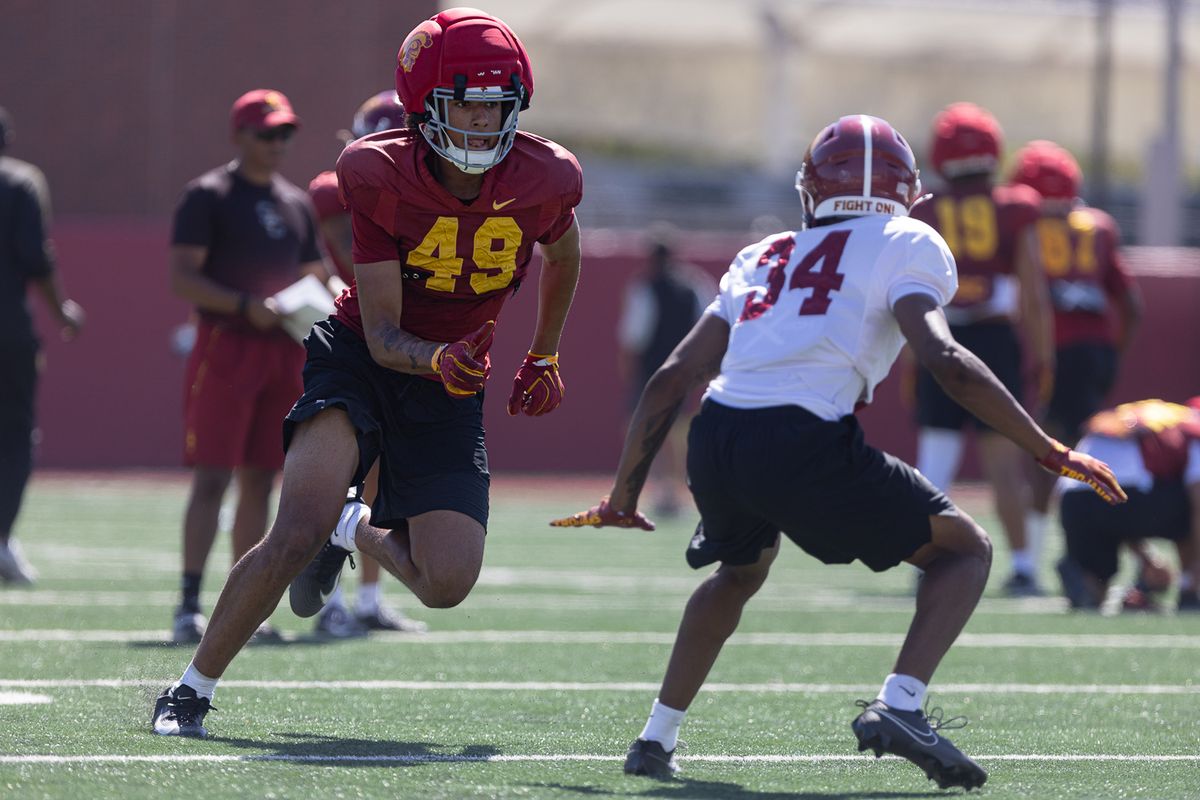 USC wide receiver Grant Woods (49) goes against USC cornerback Jayden Crowder (34) during practice at Howard Jones Field, Wednesday, Aug. 19, 2026, in Los Angeles. USC wide receiver Grant Woods (49) goes against USC cornerback Jayden Crowder (34) during practice at Howard Jones Field, Wednesday, Aug. 19, 2026, in Los Angeles.