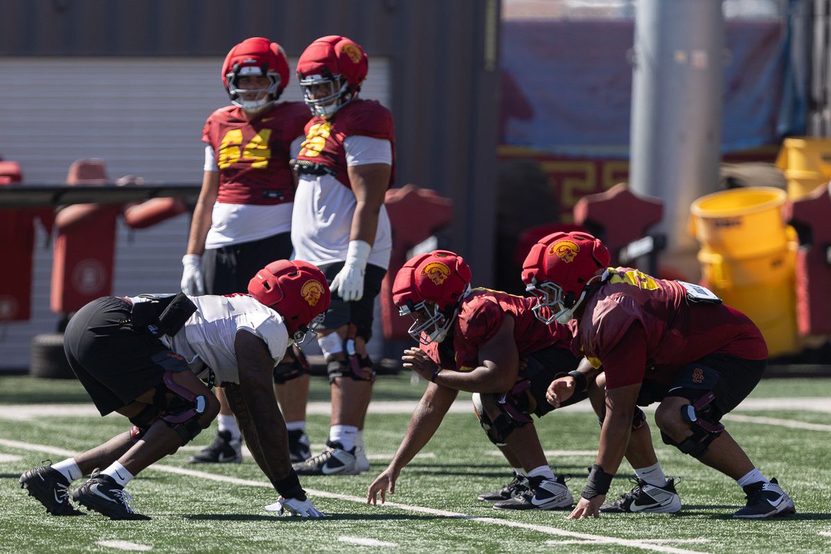 USC linemen participate in drills during practice at Howard Jones Field, Wednesday, Aug. 19, 2026, in Los Angeles. USC linemen participate in drills during practice at Howard Jones Field, Wednesday, Aug. 19, 2026, in Los Angeles.