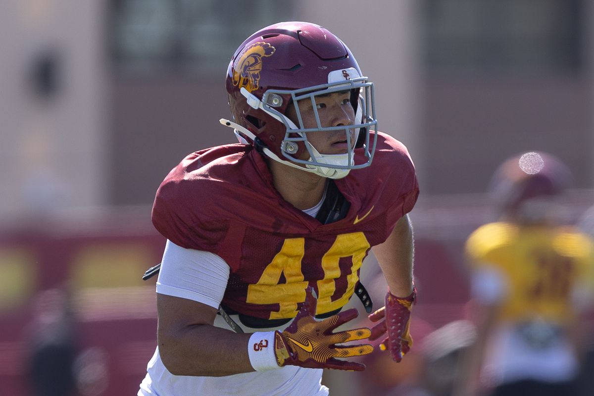 USC wide receiver Marcus Sung (40) runs drills during practice at Howard Jones Field, Wednesday, Aug. 19, 2026, in Los Angeles. USC wide receiver Marcus Sung (40) runs drills during practice at Howard Jones Field, Wednesday, Aug. 19, 2026, in Los Angeles.
