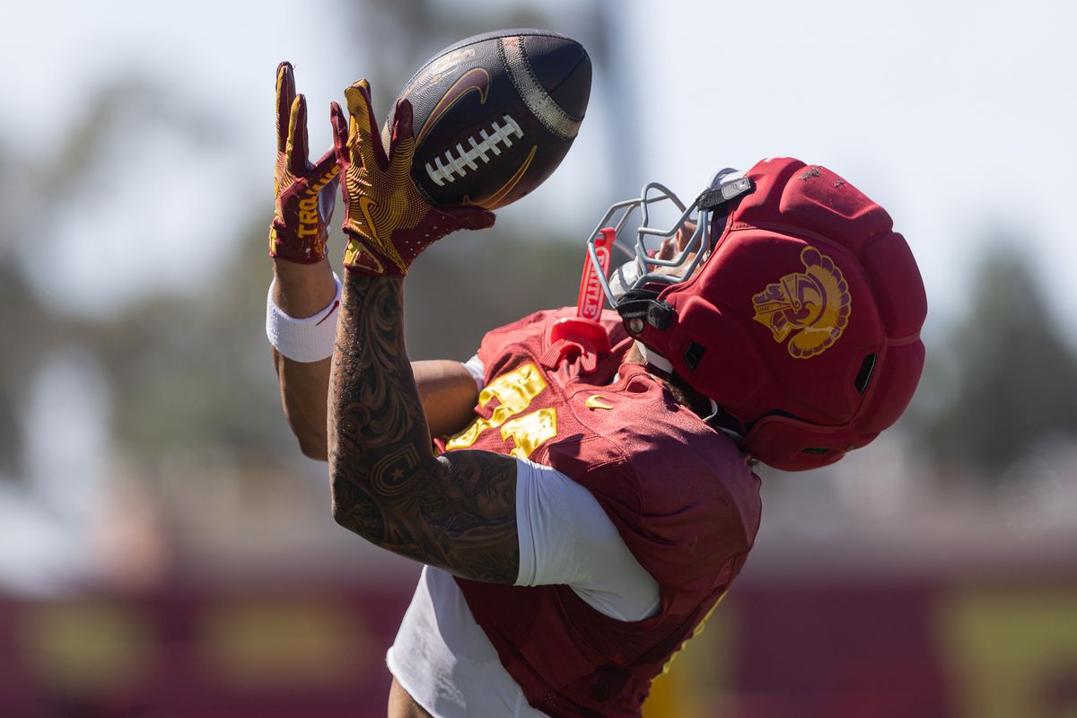 USC running back Riley Wormley (27) hauls in a pass during practice at Howard Jones Field, Wednesday, Aug. 19, 2026, in Los Angeles. USC running back Riley Wormley (27) hauls in a pass during practice at Howard Jones Field, Wednesday, Aug. 19, 2026, in Los Angeles.