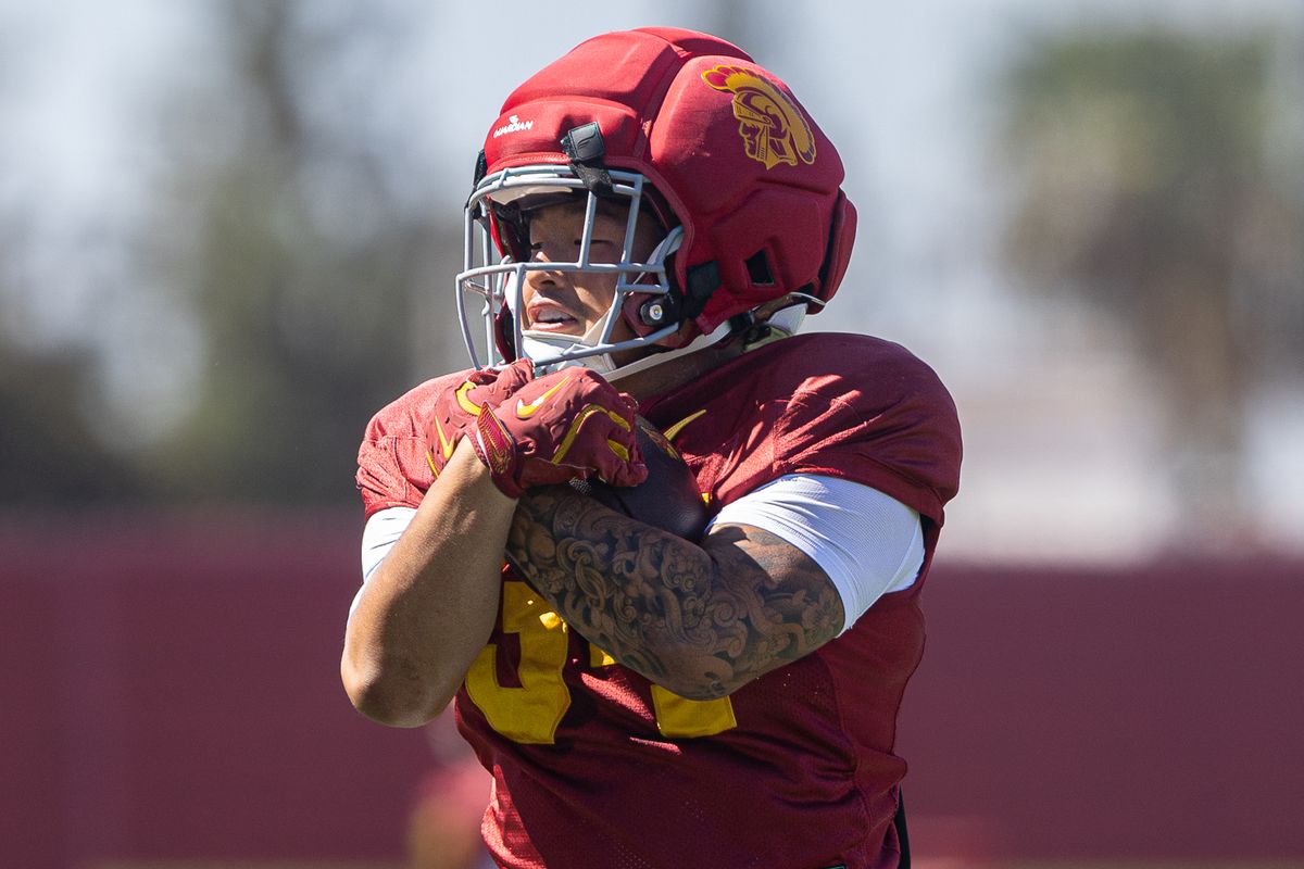 USC running back Tyson Park (34) brings in a pass during practice at Howard Jones Field, Wednesday, Aug. 19, 2026, in Los Angeles. USC running back Tyson Park (34) brings in a pass during practice at Howard Jones Field, Wednesday, Aug. 19, 2026, in Los Angeles.