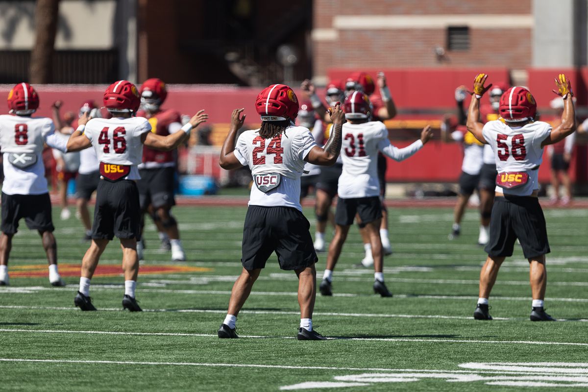 USC players warm up during practice at Howard Jones Field, Wednesday, Aug. 19, 2026, in Los Angeles. USC players warm up during practice at Howard Jones Field, Wednesday, Aug. 19, 2026, in Los Angeles.