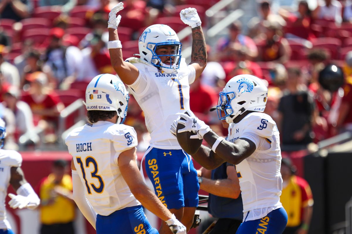 San Jose State Spartan players celebrate a touchdown during an NCAA football game agains the USC Trojans on August 29, 2026 in Los Angeles, CA. San Jose State Spartan players celebrate a touchdown during an NCAA football game agains the USC Trojans on August 29, 2026 in Los Angeles, CA.