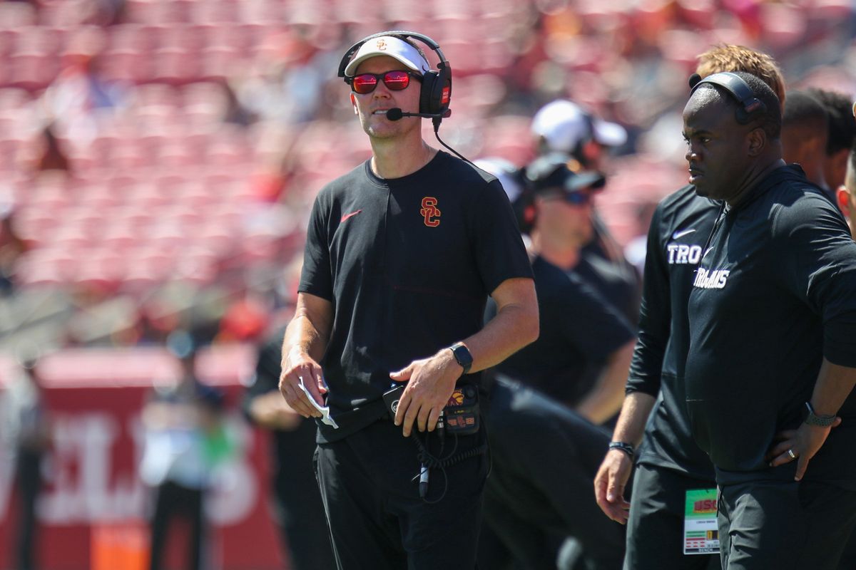 USC Trojan head coach Lincoln Riley looks on during an NCAA football game agains the San Jose State Spartans on August 29, 2026 in Los Angeles, CA. USC Trojan head coach Lincoln Riley looks on during an NCAA football game agains the San Jose State Spartans on August 29, 2026 in Los Angeles, CA.