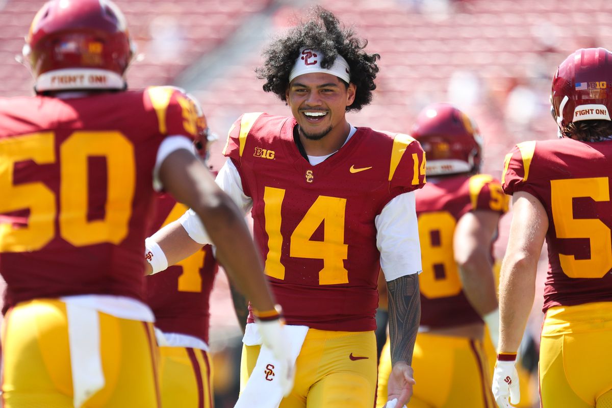 USC Trojan QB Jayden Maiava (14) greets teammates from the sideline during an NCAA football game agains the San Jose State Spartans on August 29, 2026 in Los Angeles, CA. USC Trojan QB Jayden Maiava (14) greets teammates from the sideline during an NCAA football game agains the San Jose State Spartans on August 29, 2026 in Los Angeles, CA.