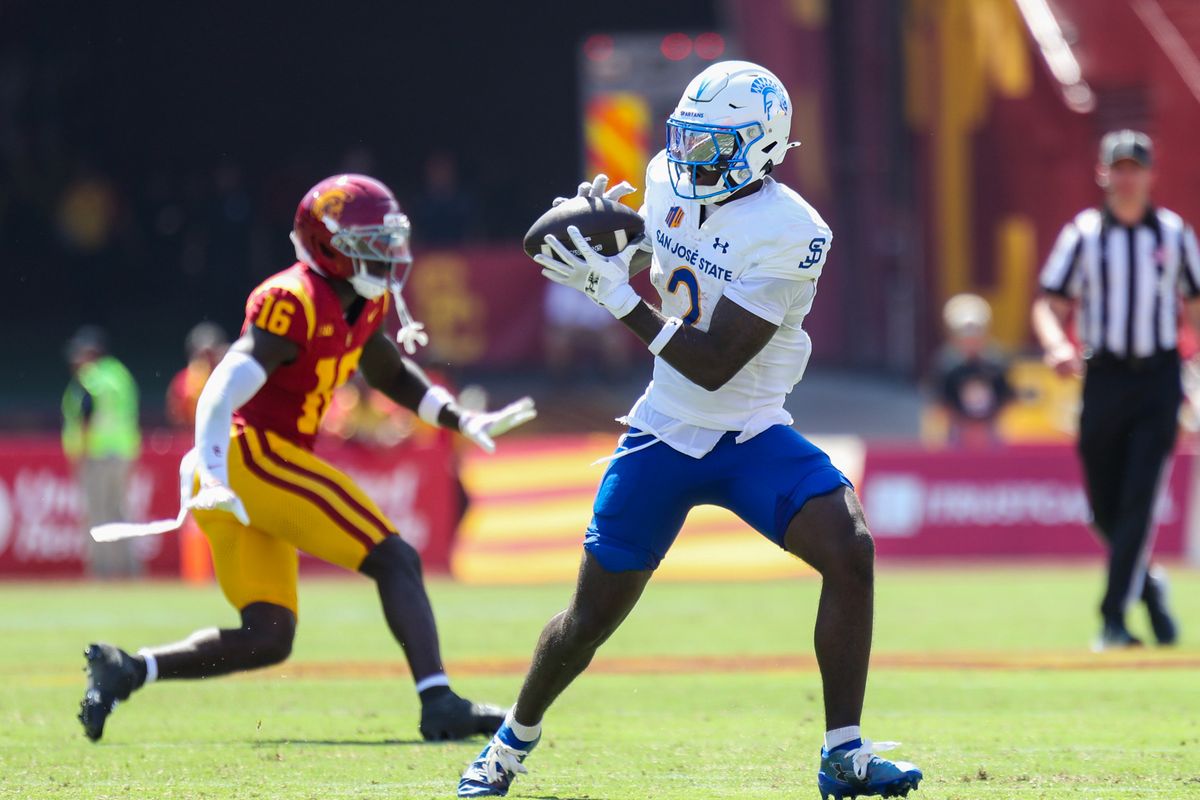 San Jose State Spartans WR Jerry McClure (2) catches a pass during an NCAA football game agains the USC Trojans on August 29, 2026 in Los Angeles, CA. San Jose State Spartans WR Jerry McClure (2) catches a pass during an NCAA football game agains the USC Trojans on August 29, 2026 in Los Angeles, CA.