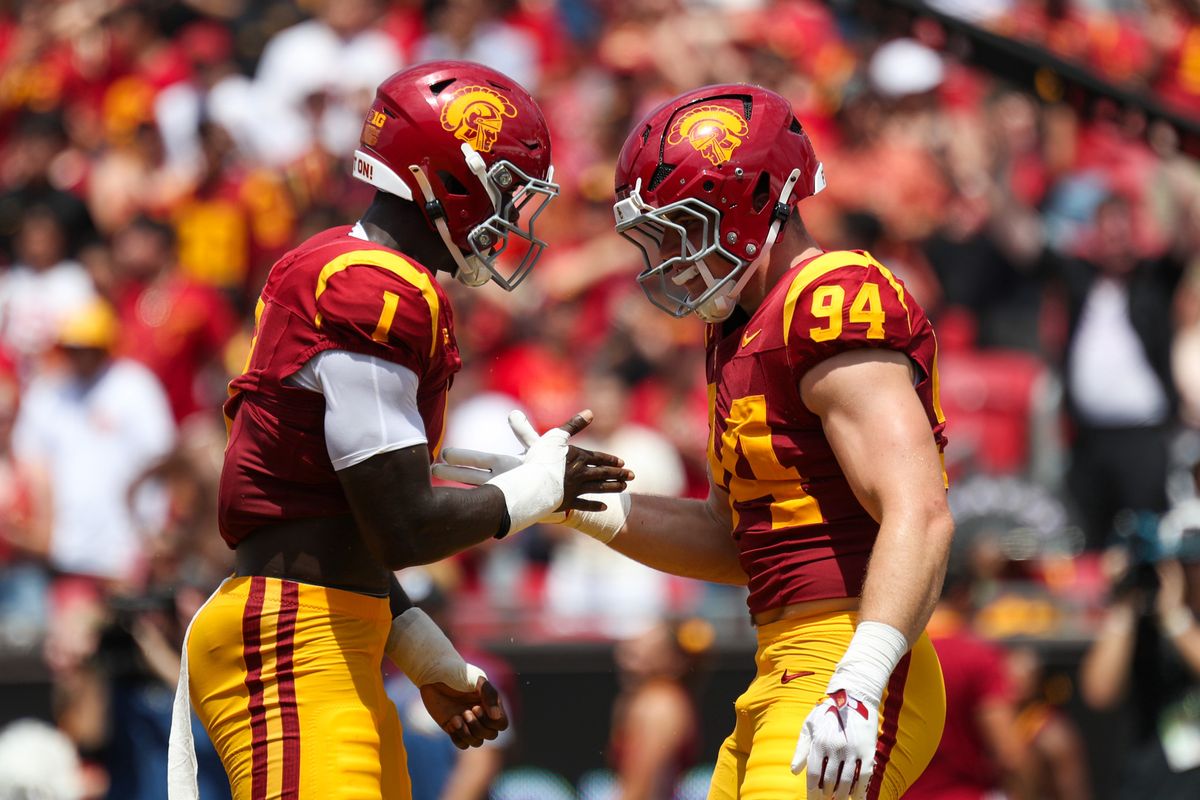 USC Trojan DE Kameryn Crawford (1) and DE Luke Waffle (94) celebrate a defensive stop during an NCAA football game agains the San Jose State Spartans on August 29, 2026 in Los Angeles, CA. USC Trojan DE Kameryn Crawford (1) and DE Luke Waffle (94) celebrate a defensive stop during an NCAA football game agains the San Jose State Spartans on August 29, 2026 in Los Angeles, CA.