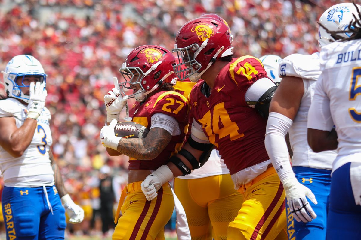 USC Trojan RB Riley Wormley (27) celebrates a touchdown run during an NCAA football game agains the San Jose State Spartans on August 29, 2026 in Los Angeles, CA. USC Trojan RB Riley Wormley (27) celebrates a touchdown run during an NCAA football game agains the San Jose State Spartans on August 29, 2026 in Los Angeles, CA.