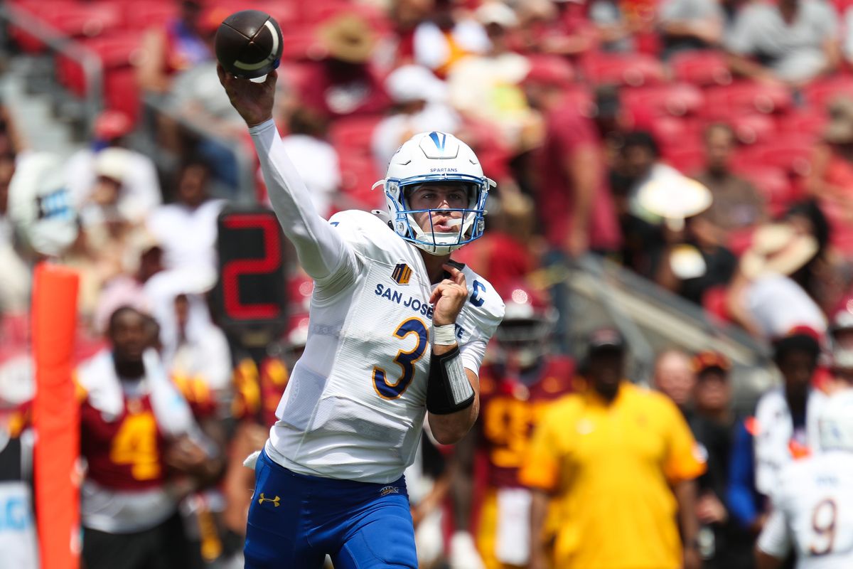 San Jose State Spartans QB Luke Weaver (3) throws the football during an NCAA football game agains the USC Trojans on August 29, 2026 in Los Angeles, CA. San Jose State Spartans QB Luke Weaver (3) throws the football during an NCAA football game agains the USC Trojans on August 29, 2026 in Los Angeles, CA.
