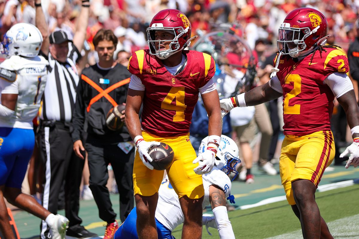 USC Trojan WR Trent Mosley (4) celebrates a touchdown during an NCAA football game agains the San Jose State Spartans on August 29, 2026 in Los Angeles, CA. USC Trojan WR Trent Mosley (4) celebrates a touchdown during an NCAA football game agains the San Jose State Spartans on August 29, 2026 in Los Angeles, CA.