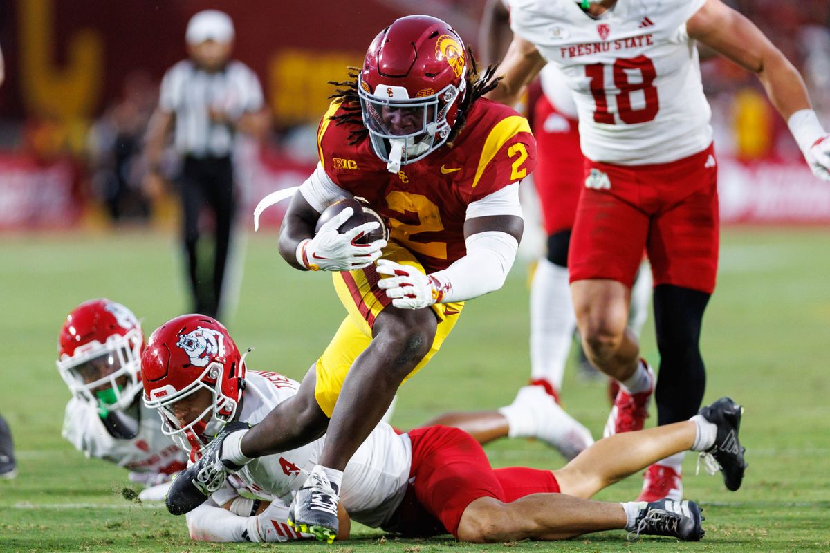 Waymond Jordan #2 of the USC Trojans rushes towards the end zone during an NCAA Football game against the Fresno State Bulldogs on September 4, 2026 at The Los Angeles Memorial Coliseum in Los Angeles, California. Waymond Jordan #2 of the USC Trojans rushes towards the end zone during an NCAA Football game against the Fresno State Bulldogs on September 4, 2026 at The Los Angeles Memorial Coliseum in Los Angeles, California.