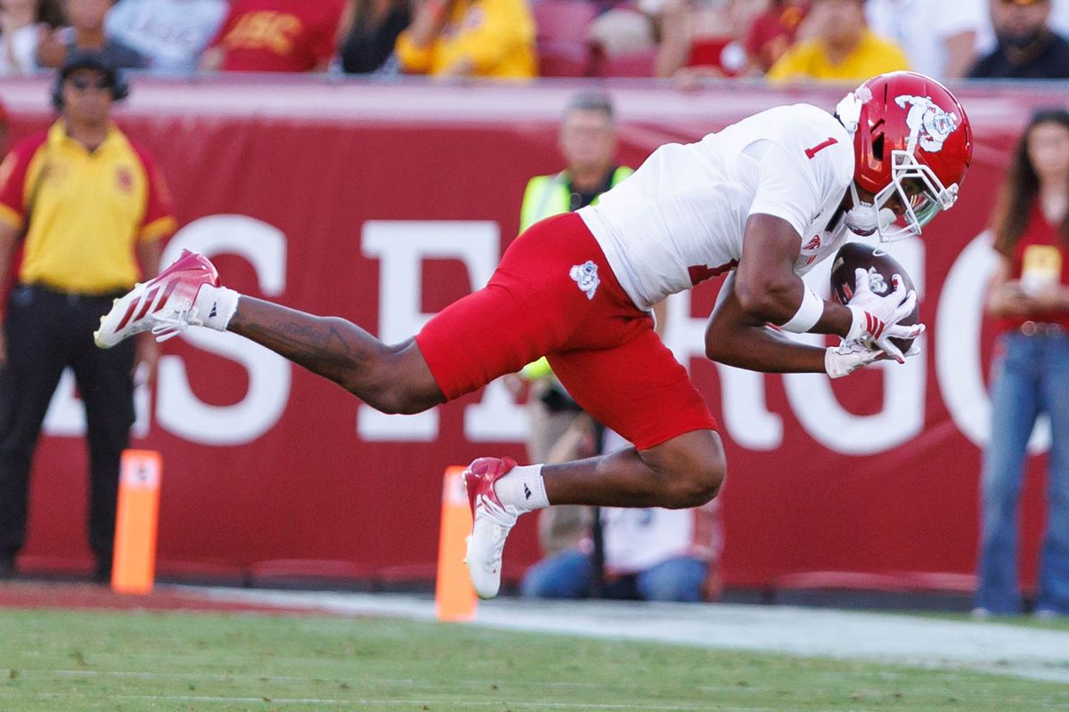 K'vion Thunderbird #1 of the Fresno State Bulldogs jumps to catch a pass during an NCAA Football game against the USC Trojans on September 4, 2026 at The Los Angeles Memorial Coliseum in Los Angeles, California. K'vion Thunderbird #1 of the Fresno State Bulldogs jumps to catch a pass during an NCAA Football game against the USC Trojans on September 4, 2026 at The Los Angeles Memorial Coliseum in Los Angeles, California.