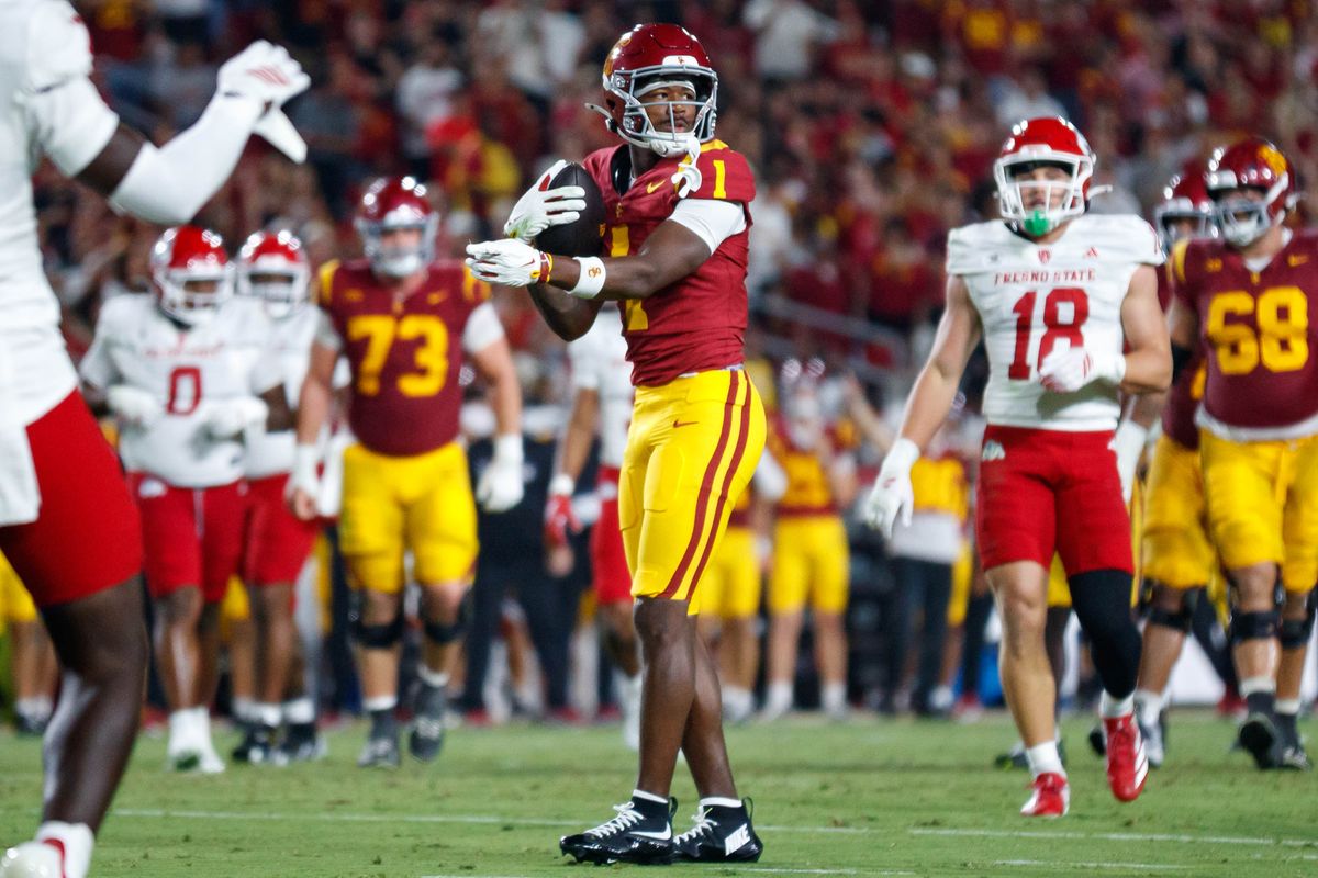 Ethan Feaster #1 of the USC Trojans reacts after a first down during an NCAA Football game against the Fresno State Bulldogs on September 4, 2026 at The Los Angeles Memorial Coliseum in Los Angeles, California. Ethan Feaster #1 of the USC Trojans reacts after a first down during an NCAA Football game against the Fresno State Bulldogs on September 4, 2026 at The Los Angeles Memorial Coliseum in Los Angeles, California.
